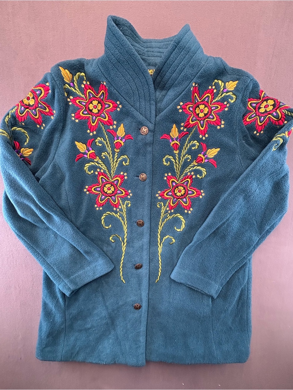 Bob Mackie Wearable Art Grannycore Embroidered Fleece Button Jacket